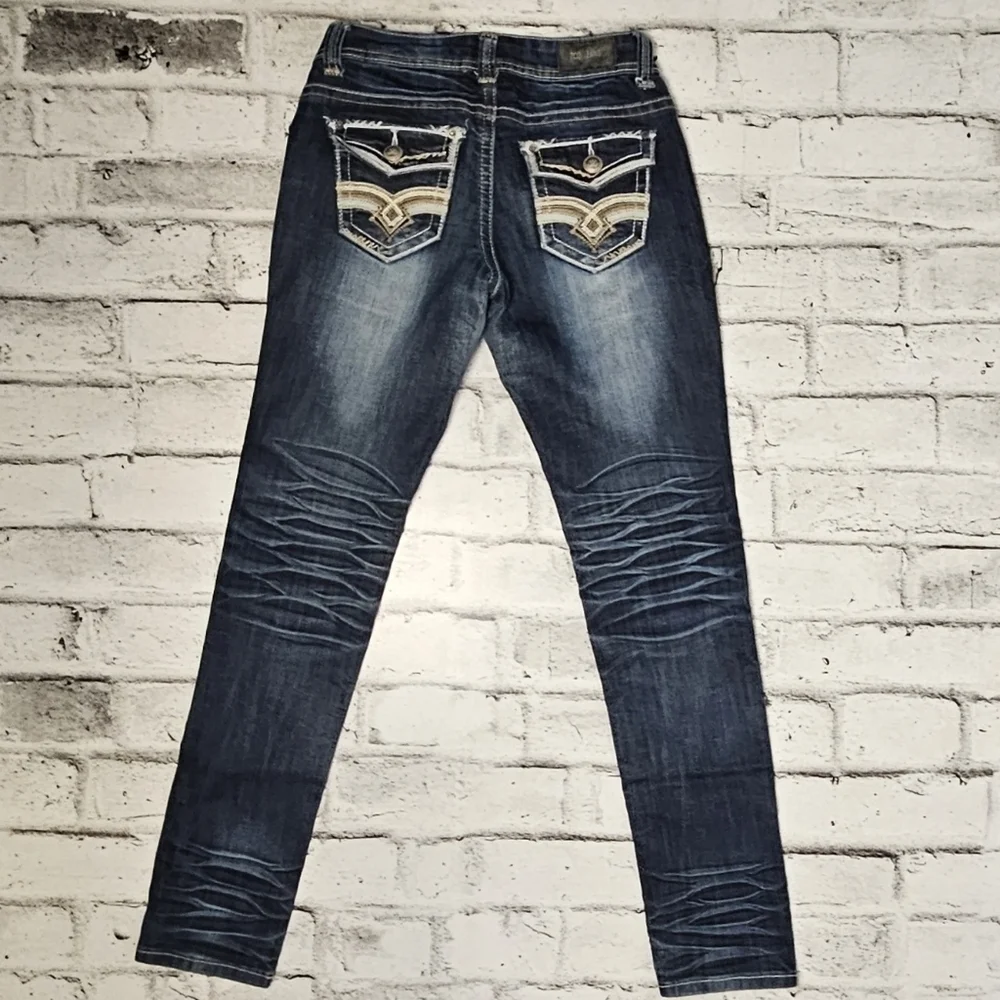 ZCO Dark Wash Low Rise Skinny Jeans Embellished Y2K Cowgirl Womens - Picture 3 of 7